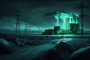 Nuclear power plants with epic background.  - obrazy, fototapety, plakaty