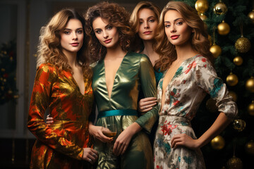 Fototapeta premium four beautiful women in evening dresses who celebrate the new year or Christmas at home party