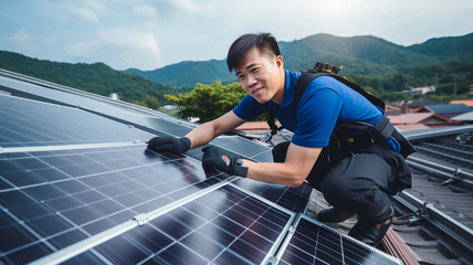 Asian male worker in protective helmet and uniform working on roof with solar panels check the maintenance of the solar panels.

