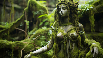 Fototapeta na wymiar Jungle female statue moss