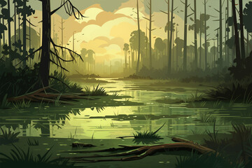 vector illustration of a swamp scene in the forest, green silhouette