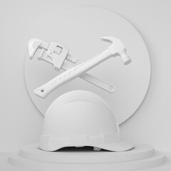 Abstract scene or podium with carpenters tools on monochrome background