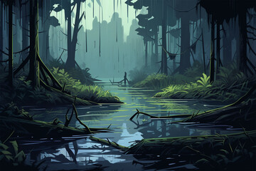 vector illustration of a swamp scene in the forest, green silhouette - obrazy, fototapety, plakaty