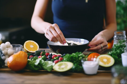 Close Up of Woman Hands Making Healthy Breakfast in Kitchen