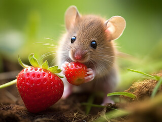 The field mouse dropped on the plant branch and eats the strawberry