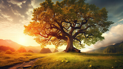 Naklejka na ściany i meble Summer or autumn nature background; big old oak tree against sunlight