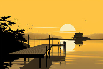 vector illustration of pier view on lake, black silhouette