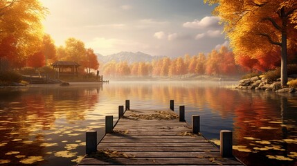A tranquil pond reflecting the golden hues of autumn trees, with a wooden pier extending into the...