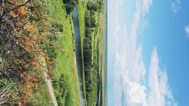 Picturesque view of the Kama River from the observation deck at the Yelabuga settlement. The movement of clouds over the river. Lower Kama National Park. Yelabuga, Republic of Tatarstan, Russia, 4K