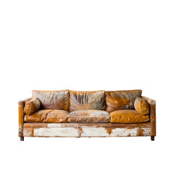 An old leather sofa, showing off its worn textures and patina, isolated on transparent background.