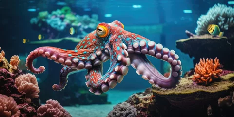 Poster a beautiful giant octopus around beautiful colorful coral, AI Generative © Horsi