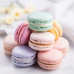 colorful macaroons on wooden table