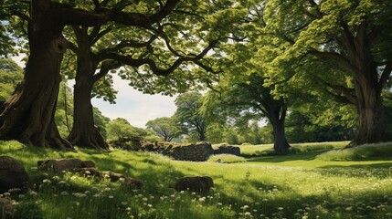 A tranquil, sun-dappled meadow surrounded by ancient trees, with a hidden patch of fragrant, wild herbs thriving in the heart of it all