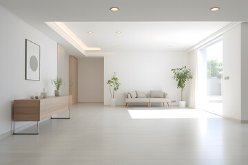 Fototapeta premium A minimalist entry space with white walls, sleek furnishings, and simple decor. The clean and uncluttered design exudes a sense of orderliness and a warm welcome.