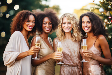 four beautiful mixed race women in dresses who celebrate the new year or Christmas with champagne - obrazy, fototapety, plakaty