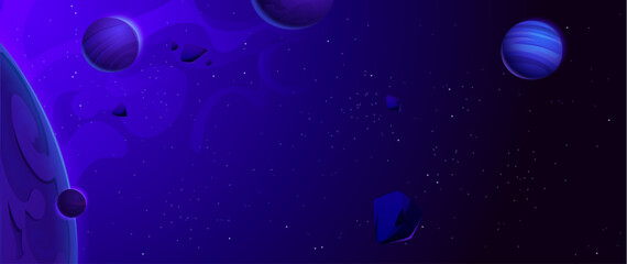 Space background with planets and asteroids. Vector cartoon illustration of dark blue sky background for game ui design, alien cosmic objects, neon stars and nebula, comet stones flying in galaxy
