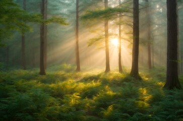 Obraz premium The serene beauty of a morning in the forest with sunlight filtering through the trees and dew-covered leaves.