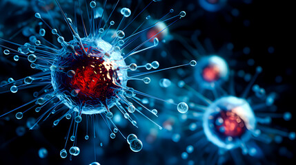 Microbiology background with virus or viral particles. Concept of microorganisms, microbes or pathogens