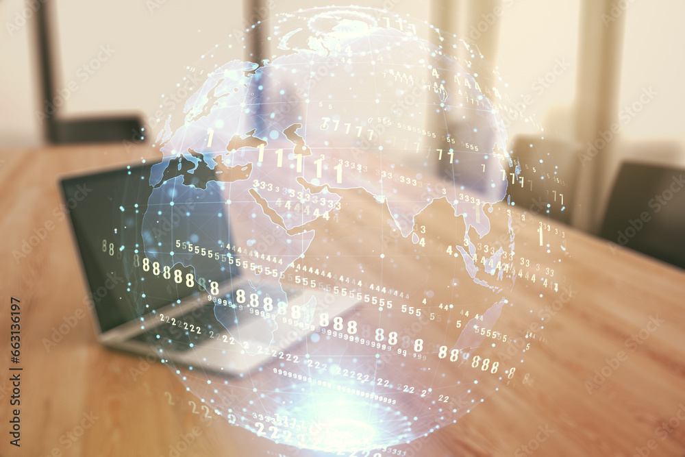 Poster multi exposure of abstract graphic coding sketch with world map on modern computer background, big d