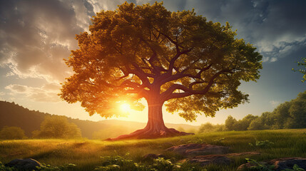 Summer or autumn nature background; big old oak tree against sunlight - obrazy, fototapety, plakaty