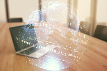 Multi exposure of abstract graphic coding sketch with world map on modern computer background, big data and networking concept