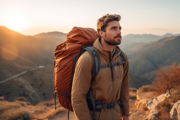 Handsome young man with backpack hiking in the mountains at sunset - obrazy, fototapety, plakaty