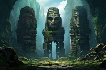 Ancient stone colossi, towering giants carved from living rock - Generative AI - obrazy, fototapety, plakaty