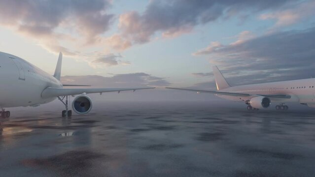 Landscape view of aircrafts or planes standing in thick fog at airport. 3D render.