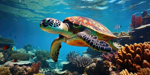 a beautiful sea turtle around very beautiful coral reef, AI Generative
