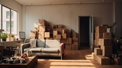 In a contemporary apartment, an empty room stands filled with boxes and select pieces of furniture, epitomizing the initial stages of residents settling in - obrazy, fototapety, plakaty