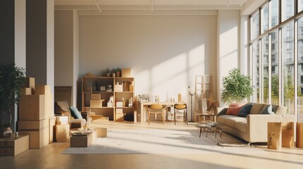 In a contemporary apartment, an empty room stands filled with boxes and select pieces of furniture, epitomizing the initial stages of residents settling in - obrazy, fototapety, plakaty