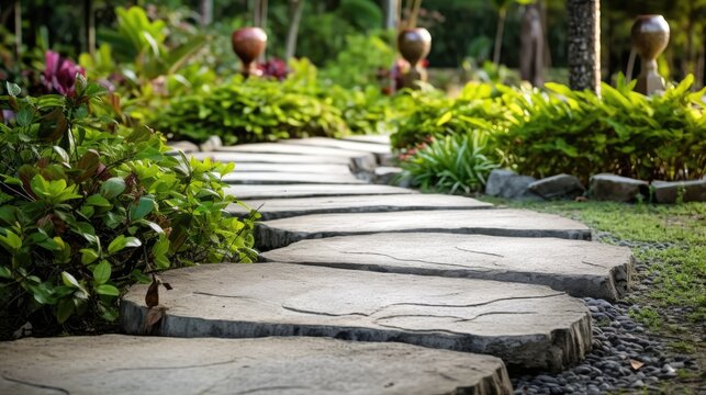 Concrete walk path in the garden close up. Generative AI