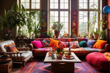 Create a bohemian-style living room with eclectic furniture and vibrant textiles