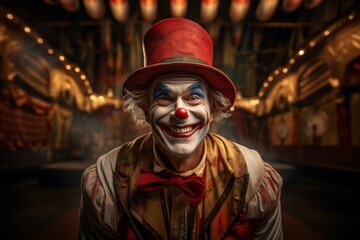 Obraz premium Portrait of a joyful clown with a beaming smile and a classic red nose, embracing the vintage circus atmosphere. Created with generative AI technology
