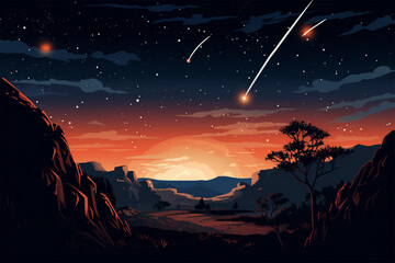 vector illustration of a view of a meteor shower in the sky