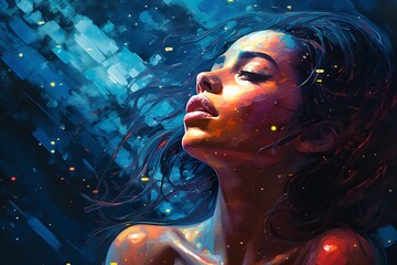 Painting of a beautiful girl with relieved expressions