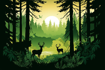 vector illustration of life scene in green silhouette forest