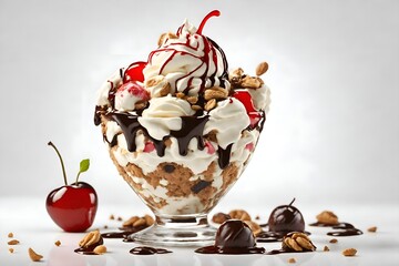 A delightful dessert made with scoops of ice cream, various toppings like chocolate syrup, whipped cream, nuts, and a maraschino cherry on top - obrazy, fototapety, plakaty