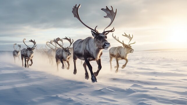 Reindeers running in snowy field under sky