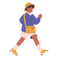 Determined boy in uniform go to aim, goal. Aspiration of success. Kid in panama walk, stepping, carrying bag, schoolbag. Children back to school. Flat isolated vector illustration on white background