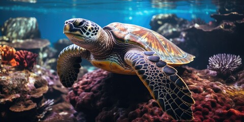 Fototapeta premium a beautiful sea turtle around very beautiful coral reef, AI Generative