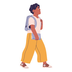 Kid, schoolboy carrying backpack. Cute boy hold book, textbook in hand. Pupil go, walk, stepping to study, get education. Children back to elementary school. Flat isolated vector illustration on white