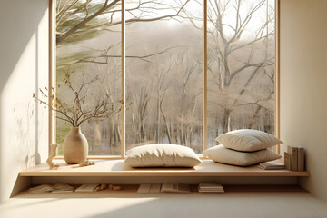  A Zen-inspired reading nook by a window with a minimalistic design. The space features a low Japanese-style seating area with floor cushions, neutral colors, and a backdrop of nature. 