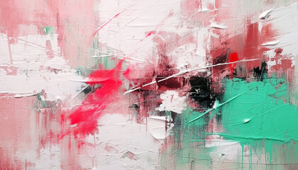 Abstract oil painting with red, pink, green brush strokes, background, wallpaper, paint texture, bold art, expressive artwork, fine realistic detail, modern style, evoking vibrant emotions, feelings