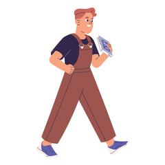 Cute kid walk, carrying book, hold textbook in hand. Children back to school. Determined boy in jumpsuit go to aim, goal. Aspiration of success in education. Flat isolated vector illustration on white