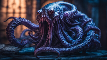 Obraz premium A large purple demon with long tentacles like a squid. Strong and fierce