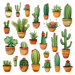Verduisterende rolgordijnen zonder boren Cactus in pot The Cactus set on white background. Clipart illustrations.