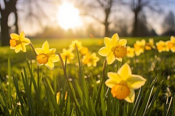 Obraz premium Daffodils in spring backlit by sun.