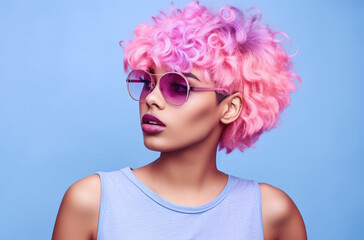 Young African American woman with vibrant pink curly hair wearing retro clothes