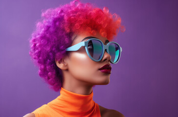 Young African American woman with vibrant pink curly hair wearing retro clothes